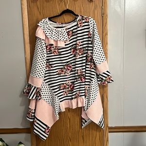 Custom shirt pink floral black and white stripes
